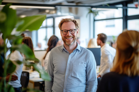 A cheerful entrepreneur stands in an open-plan office, interacting with employees. The atmosphere is lively, filled with collaboration and creativity among team members.の素材