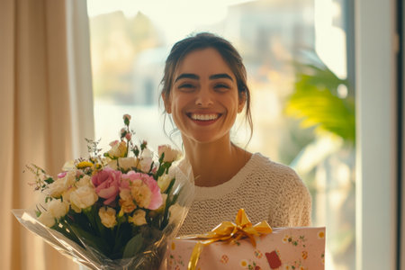 In a warm and inviting home setting, a woman beams with happiness while holding a bouquet of colorful flowers and a beautifully wrapped gift bag, celebrating Women's Day with joy and gratitude.の素材
