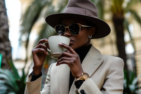 In a vibrant outdoor setting, a fashionable entrepreneur sips coffee, dressed elegantly and engaged in checking business emails on a warm day.の素材