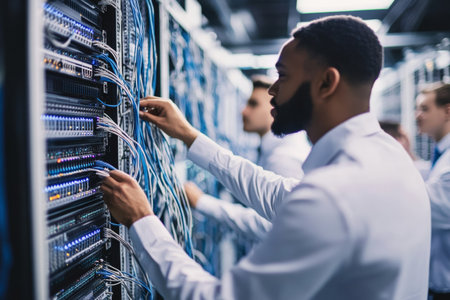 A group of IT experts is diligently working in a modern server room. They are organizing network cables and ensuring that servers operate efficiently. The atmosphere is focused and technical.の素材