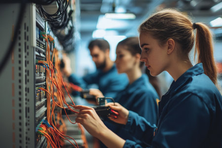 A group of skilled IT professionals focuses on organizing network cables and troubleshooting servers in a well-equipped server room, ensuring connectivity and performance.の素材