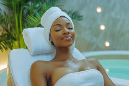 A woman is enjoying a peaceful spa day, receiving pampering treatments while celebrating International Women's Day in a serene environment filled with calming decor.の素材