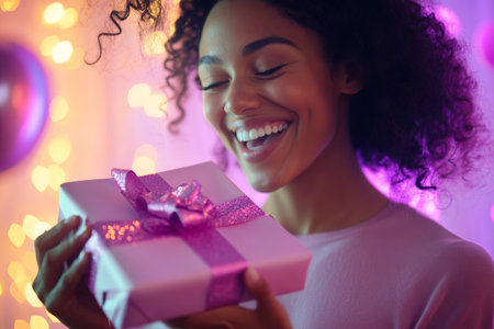 Celebrating International Women's Day, a woman with curly hair unwraps a beautifully wrapped gift with excitement. Colorful decorations and warm lights enhance the joyful atmosphere.の素材