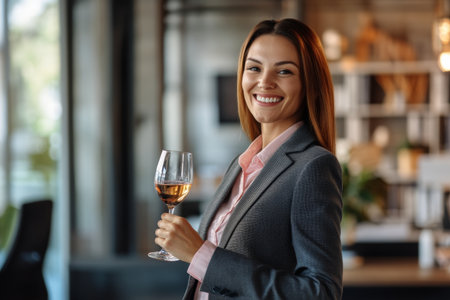 In a contemporary office, a woman in a professional suit smiles joyfully while holding a glass of wine, celebrating Women's Day with colleagues.の素材