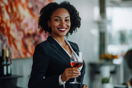 A woman in a tailored business suit smiles brightly while toasting with a glass of wine at a festive office gathering for Women's Day, showingcasing success and celebration.の素材
