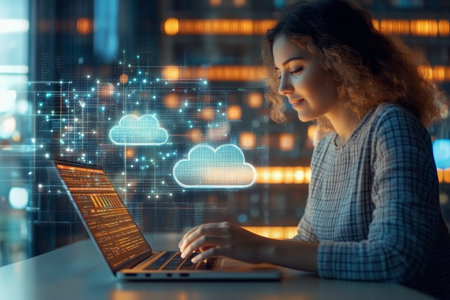 A woman with curly hair works focused on her laptop, utilizing cloud computing tools in a contemporary office setting. The backdrop features glowing lights reflecting a bustling environment.の素材