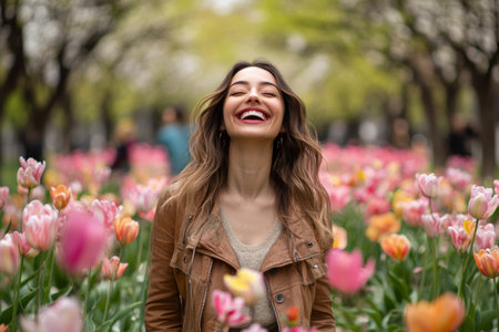 A woman stands joyfully in a park, surrounded by colorful spring flowers, celebrating Womens Day with a huge smile. The scene captures a moment of happiness and beauty.の素材