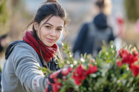 In a sunny community setting, a woman is joyfully participating in a volunteer activity, arranging flowers to celebrate Women's Day while helping other women in need.の素材