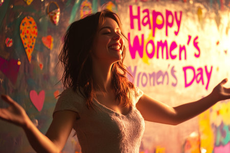 A woman stands with her arms open and a big smile, celebrating Women's Day. Behind her, a colorful wall displays cheerful decorations and the phrase Happy Women's Day in bold letters.の素材