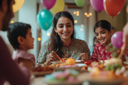 A joyful family gathers at home to celebrate International Women's Day. The table is filled with delicious food, vibrant balloons, and laughter as they enjoy a festive dinner together.の素材