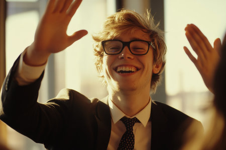 A young startup founder beams with joy as he high-fives his team members to celebrate a significant business milestone in a vibrant office settingの素材