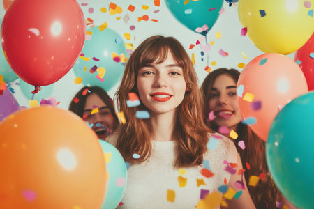 A young woman stands joyfully amidst a festive atmosphere, filled with colorful balloons and confetti, celebrating Womens Day with friends in a lively gathering.の素材
