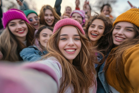 A group of young women, wearing colorful hats, happily pose for a selfie while celebrating Women's Day outdoors. Their laughter and warmth create a joyful atmosphere among friends.の素材