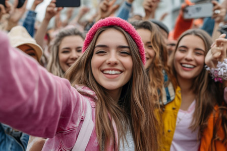 Friends joyfully capture a moment together on Womens Day, showcasing their happiness and camaraderie in a lively outdoor setting, dressed in colorful outfits.の素材