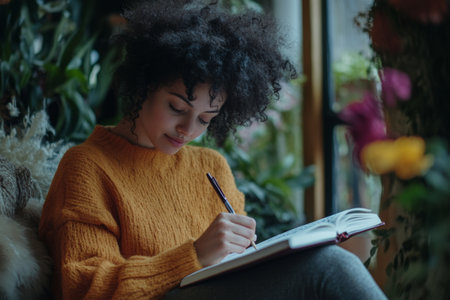 A young woman sits in a cozy, plant-filled space, writing in her journal. She reflects on her achievements and personal growth on Women's Day, surrounded by vibrant flowers.の素材