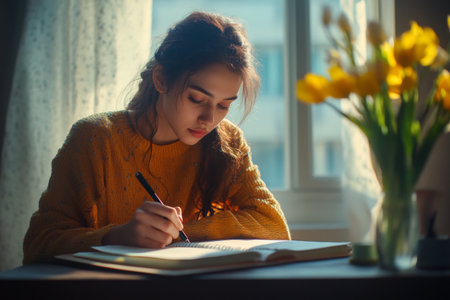 A young woman sits by a window, writing thoughtfully in her journal. She celebrates her achievements on Women's Day, surrounded by a bouquet of yellow flowers.の素材