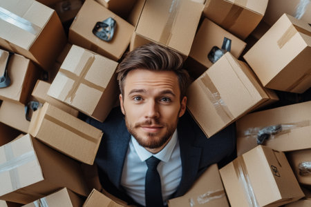 Surrounded by numerous delivery boxes, an entrepreneur in business attire looks up with a confident expression, showing the hustle of growing an online retail business.の素材