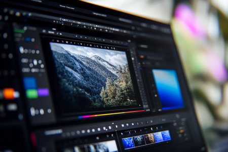 A close-up displays graphic design software with various layers and adjustment tools actively being used. The sharp focus reveals intricate details on the screen, highlighting creative work.の素材