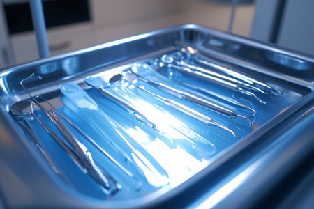 A collection of sterilized dental instruments is displayed on a metal tray, illuminated by bright lighting in a clinical environment, emphasizing cleanliness and readiness for use.の素材