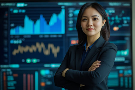A confident financial professional stands with arms crossed, looking at the viewer. Behind them is a digital financial dashboard displaying various metrics and graphs, showing data analysis.の素材