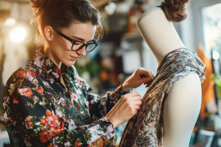 A fashion designer pins fabric on a mannequin with a focused expression, surrounded by colorful materials and tools in a creative workshop filled with inspiration.の素材