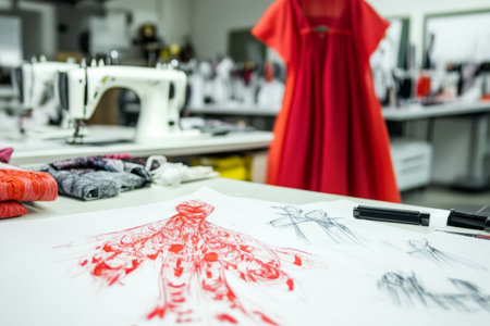 In a stylish fashion studio, sketches on a table depicts intricate designs. Colorful fabrics surround sewing machines, creating an inspiring atmosphere for clothing creation.の素材