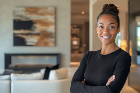 An interior designer stands confidently in a newly designed luxury living space, highlighting aesthetic features and modern design elements. The room reflects elegance and style.の素材