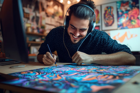 Designer enjoys a vibrant atmosphere as he meticulously works on an intricate illustration. Headphones on, he immerses himself in creativity, surrounded by colorful artwork.の素材