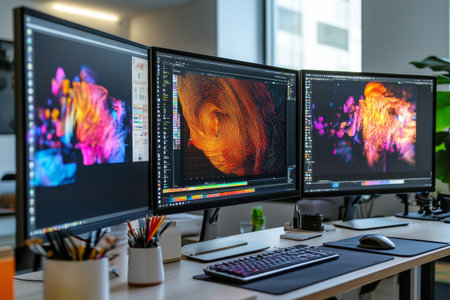 A designer workstation showcases three monitors displaying colorful and dynamic creative projects in an open and bright office environment. The space is organized and inspiring for productivity.の素材