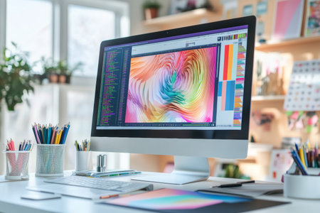 Bright and colorful workspace featuring a modern computer displaying a lively digital design. Stationery is neatly arranged, enhancing creativity and productivity in a contemporary setting.の素材