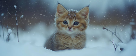 A kitten enjoys the snow, surrounded by a winter landscape. Its fluffy coat is dusted with white flakes, and its striking blue eyes shine amidst the cold weather.の素材