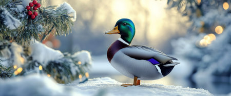A solitary duck is seen amidst a snowy landscape, positioned near a beautifully decorated Christmas tree, capturing the essence of winter and holiday cheer.の素材