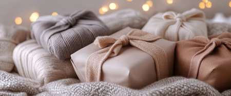 Luxurious textures of cashmere and wool complement elegant gifts displayed in warm, muted tones. A minimalist background evokes a sense of comfort and holiday spirit.の素材