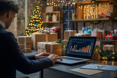 A business professional works confidently at a sleek desk, analyzing data on a laptop while surrounded by holiday decor and neatly stacked shipping boxes, creating a festive and efficient workspace.の素材