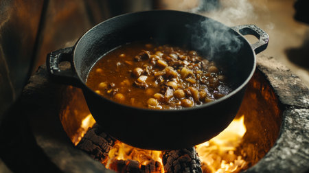 A rustic cast iron pot sits over an open flame, releasing steam while a hearty stew cooks inside. Natural light highlights the warm, inviting atmosphere of the outdoor setup.の素材