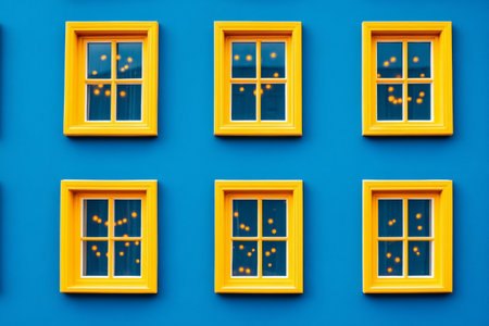 Six yellow-framed windows glow warmly against a vibrant blue background, creating a welcoming atmosphere reminiscent of a festive Christmas night.の素材