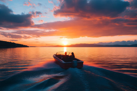 A couple shares a romantic experience aboard a boat, gliding through calm waters as the sun sets, painting the sky with orange and pink hues along the coastline.の素材