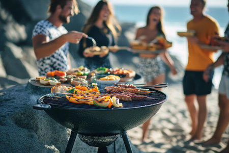 A group of friends enjoys a lively beach barbecue, grilling colorful vegetables and meats while sharing laughter and creating joyful memories by the ocean.の素材