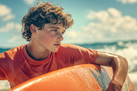 A young man stands on a sunny beach, holding his surfboard with anticipation. He gazes at the rolling waves, eager to catch the perfect ride under a bright blue sky.の素材