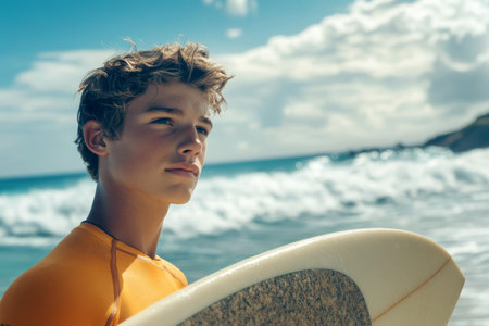 A young man stands on a sunny beach, holding a surfboard as he looks at the waves with excitement. The clear skies and vibrant ocean create a perfect setting for surfing.の素材