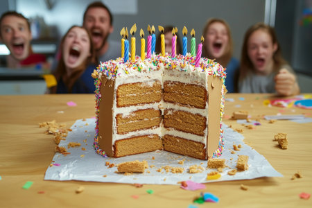 Guests express shock as they discover the birthday cake, crafted from cardboard, in a lively indoor celebration. Colorful decorations and joyful chaos enhance the atmosphere.の素材