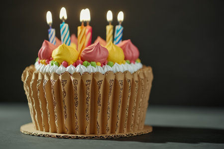 Friends gather in an intimate setting, shocked to discover that the elaborately decorated birthday cake is made of cardboard instead of being edible. Laughter fills the room.の素材