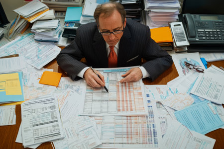An accountant is immersed in work, surrounded by numerous tax files and financial charts, focused on organizing data as the deadline approaches during tax season.の素材