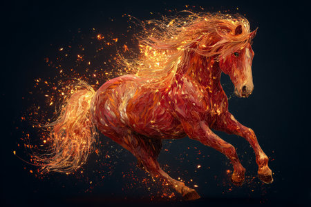 A red horse appears to leap forward, composed of vibrant, flame-like shapes that glitter and shine. The background is dark, highlighting the horses lively motion and energy.の素材