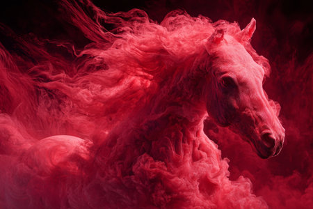 A striking horse appears to rise from vibrant red smoke, showing its strength and grace in a captivating art scene at night. The atmosphere is intense and powerful.の素材