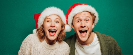 Two joyful friends celebrate the holiday season, wearing Santa hats and bright smiles. The background adds a festive touch to their cheerful expressions filled with joy.の素材