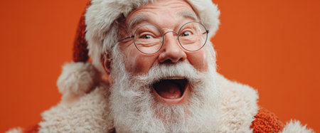 A cheerful man wearing a classic Santa Claus outfit and glasses smiles broadly. The background is a bright orange, capturing the festive spirit of the holiday season.の素材