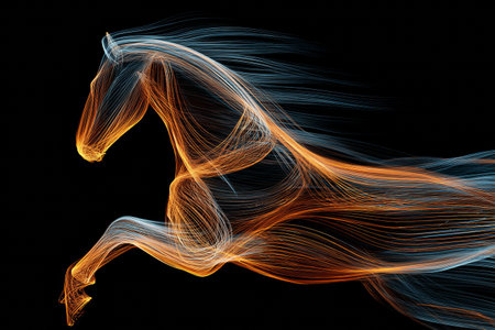 A horse is depicted in an energetic gallop, outlined by flowing light trails. The colors blend seamlessly, showing motion against a dark background.の素材