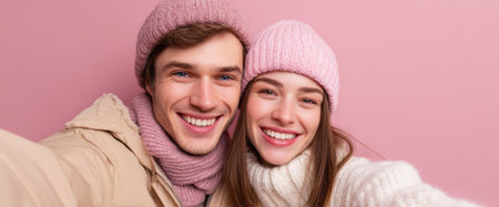 A young couple smiles happily while taking a selfie indoors. They are dressed in warm hats and sweaters, creating a cozy atmosphere against a soft pink background.の素材