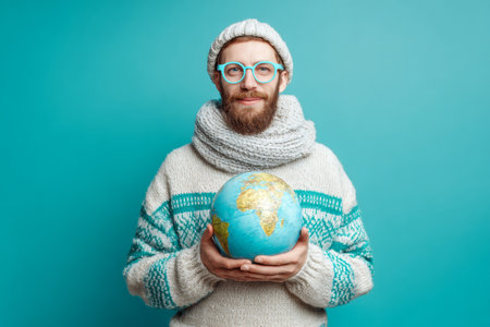 A cheerful man wearing a warm sweater and a knitted hat holds a globe. He stands in front of a bright turquoise background, showcasing a friendly and inviting atmosphere.の素材